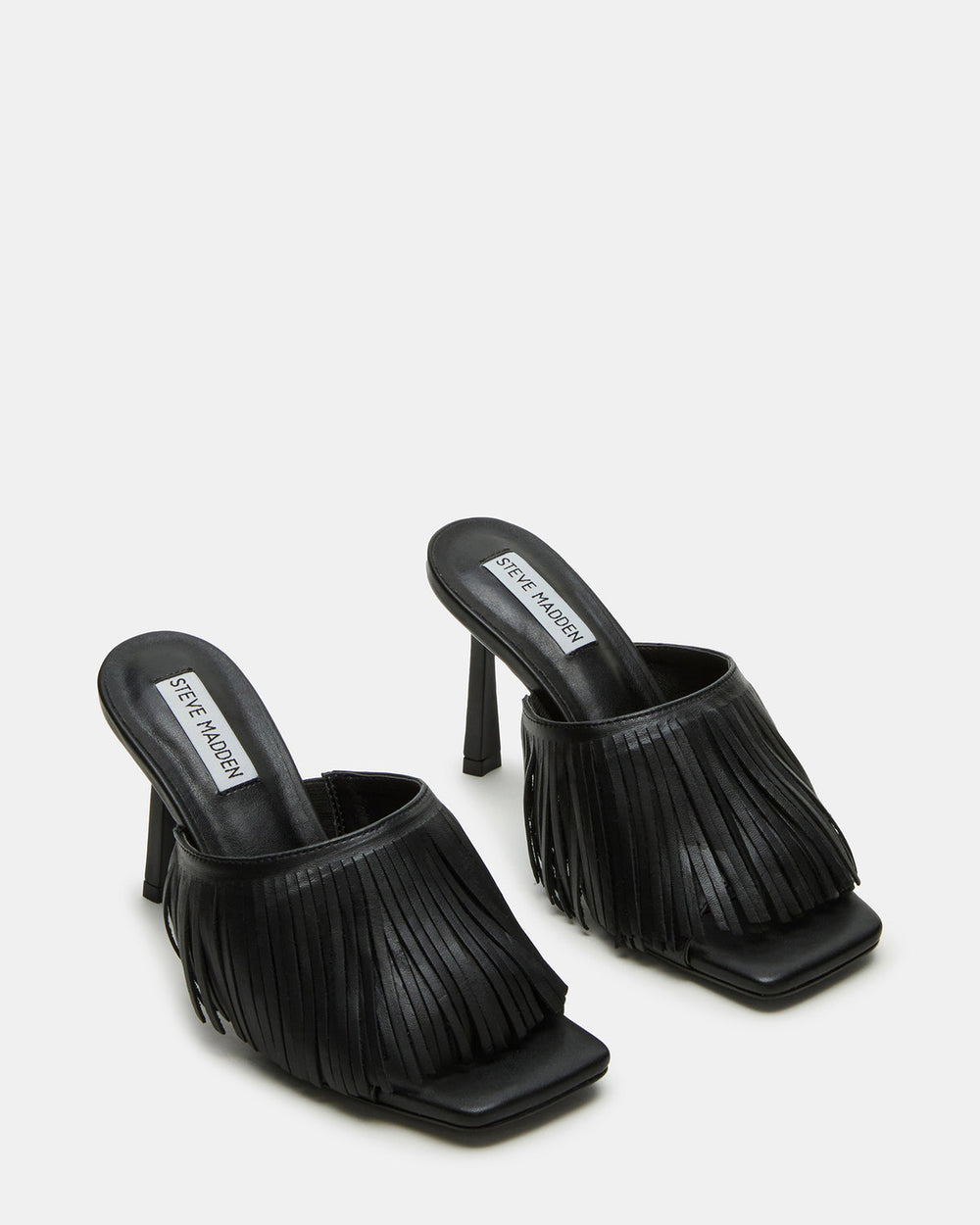 MORINA Black Leather Square-Toe Stiletto Mule Fringe Heel | Women's Heels | Steve Madden online