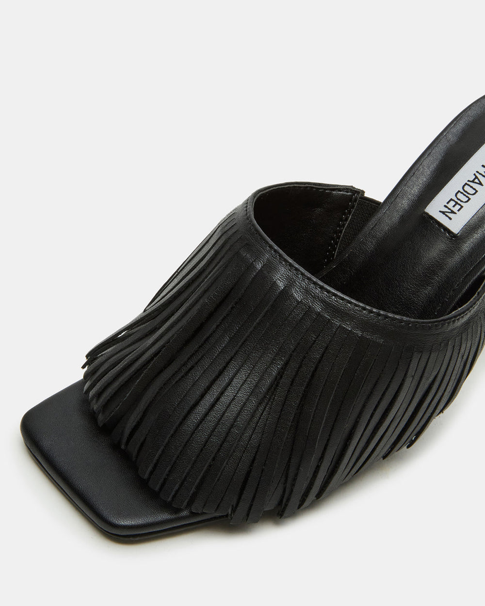 MORINA Black Leather Square-Toe Stiletto Mule Fringe Heel | Women's Heels | Steve Madden online