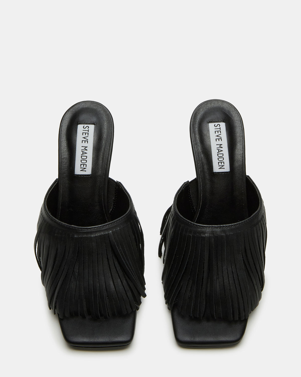 MORINA Black Leather Square-Toe Stiletto Mule Fringe Heel | Women's Heels | Steve Madden online