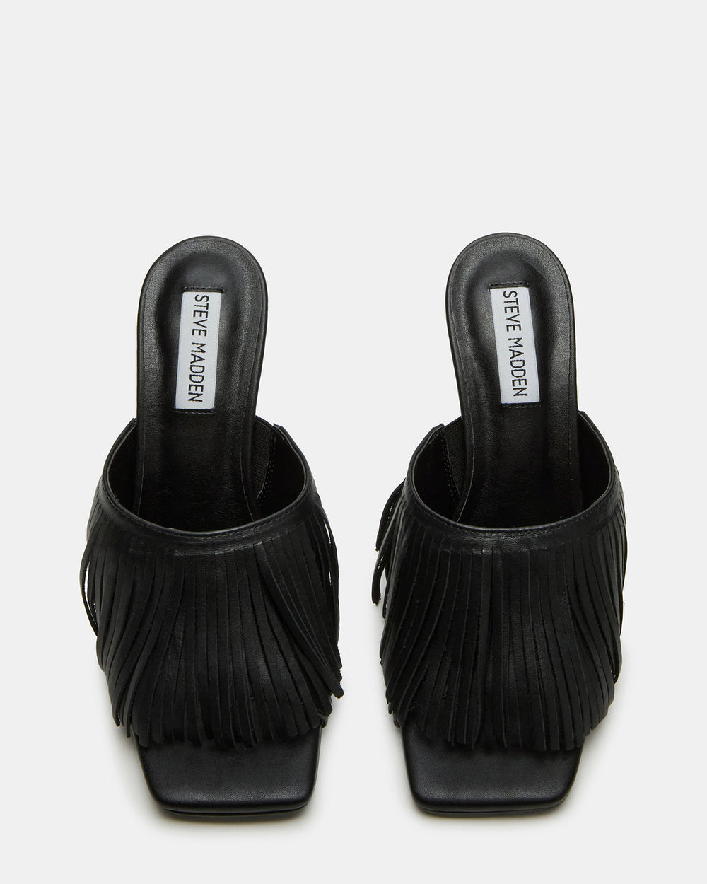 MORINA Black Leather Square-Toe Stiletto Mule Fringe Heel | Women's Heels | Steve Madden online