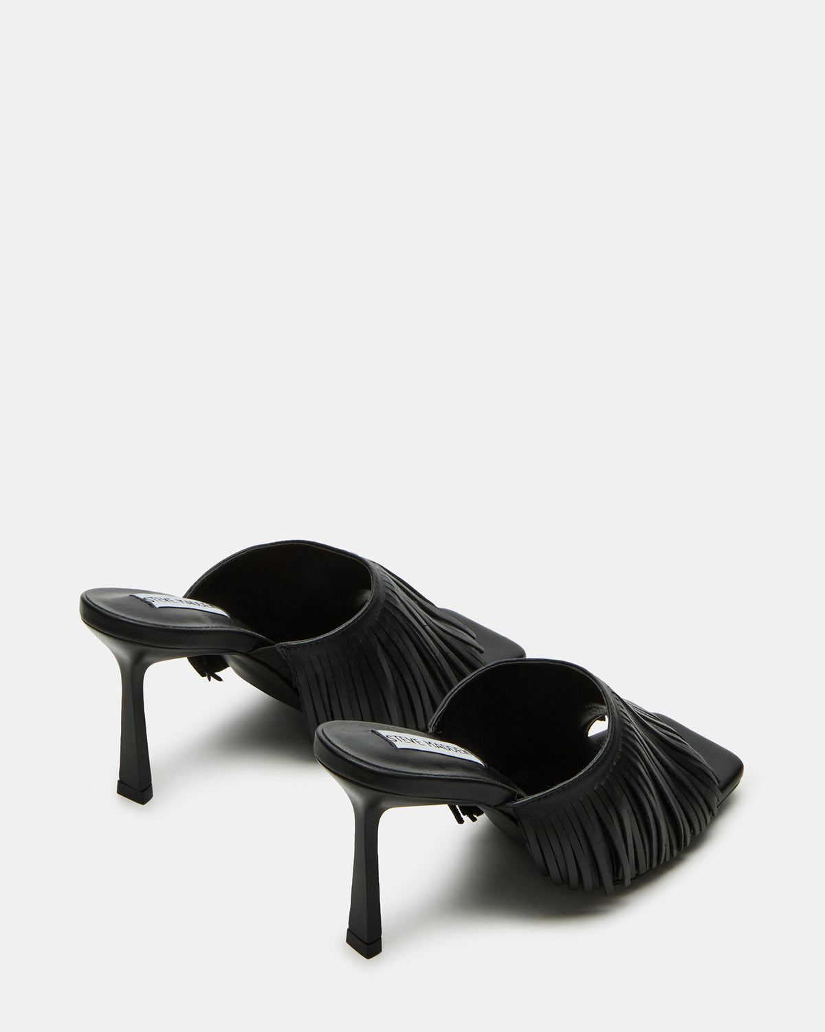 MORINA Black Leather Square-Toe Stiletto Mule Fringe Heel | Women's Heels | Steve Madden online