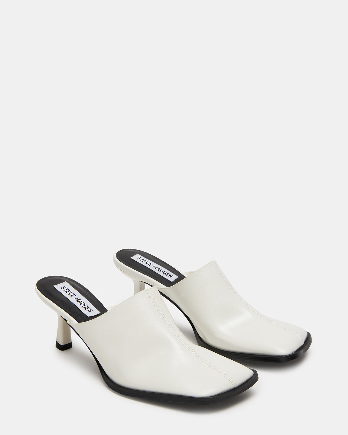 DEMPSEY White Leather Square-Toe Mule Women's Heel | Steve Madden Sale