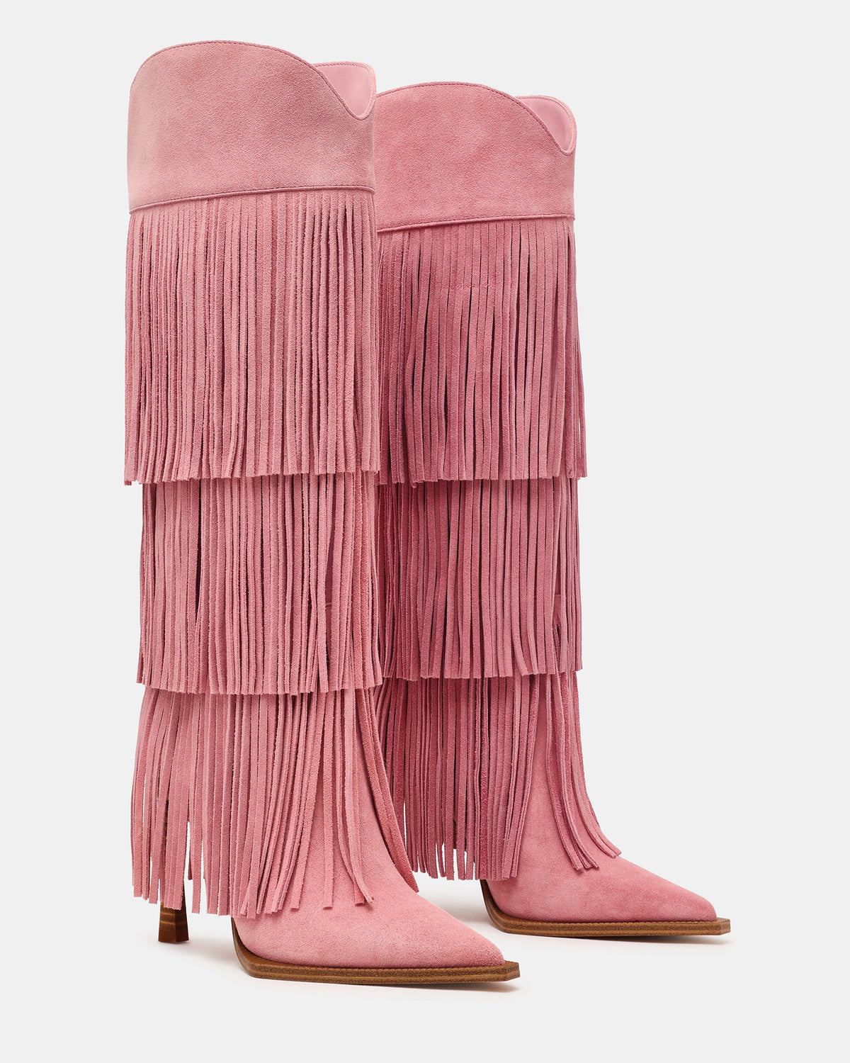 KINZEE Fringe Pink Suede Pointed-Toe Knee-High Western Stiletto Women's Boot | Steve Madden US