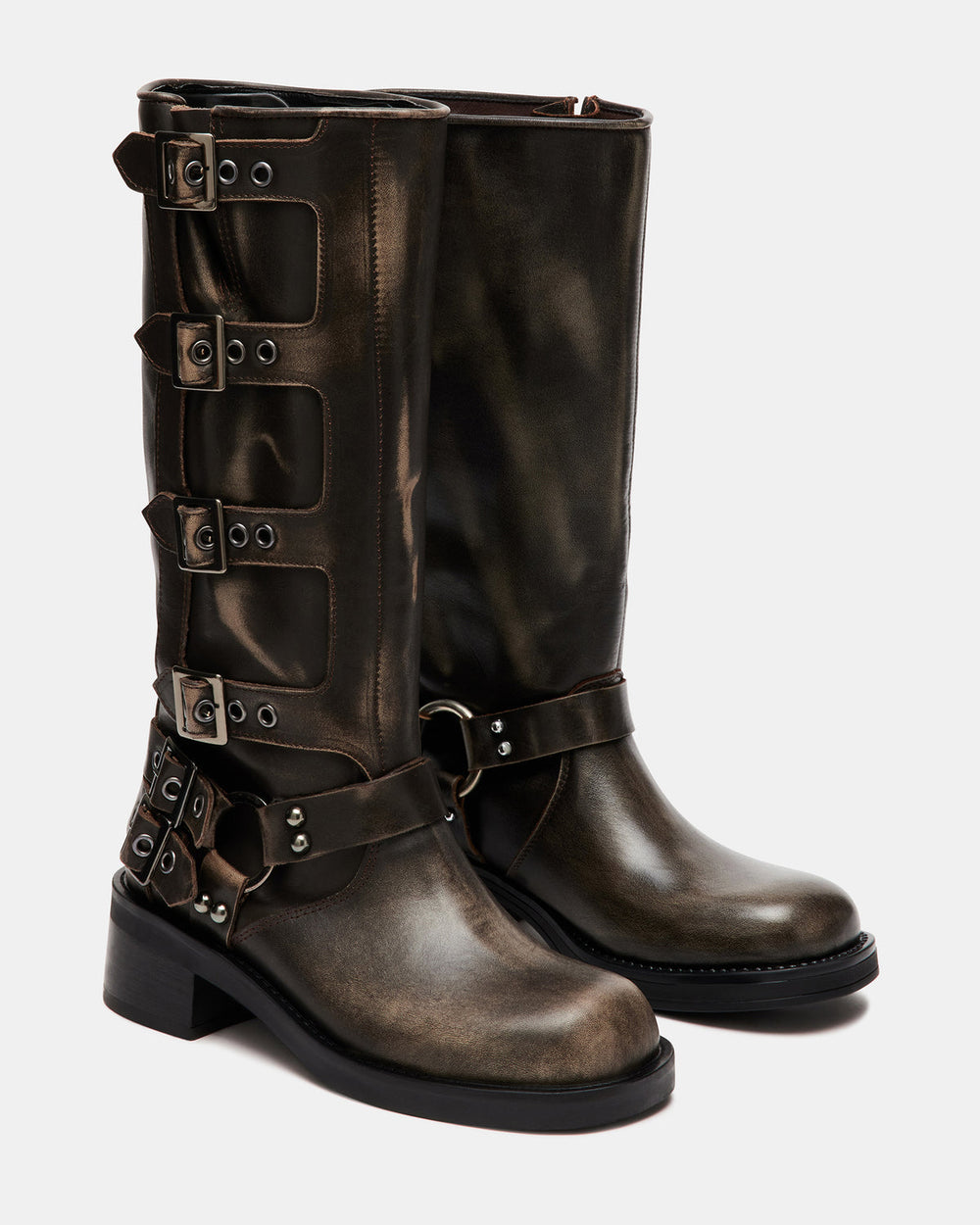 ROCKY Brown Distressed Women's Knee-High Moto Boots | Steve Madden on Sale