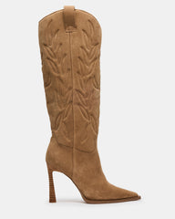 KINZEE Taupe Suede Pointed-Toe Knee-High Western Stiletto Women's Boot | Steve Madden near me