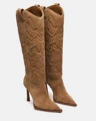 KINZEE Taupe Suede Pointed-Toe Knee-High Western Stiletto Women's Boot | Steve Madden near me