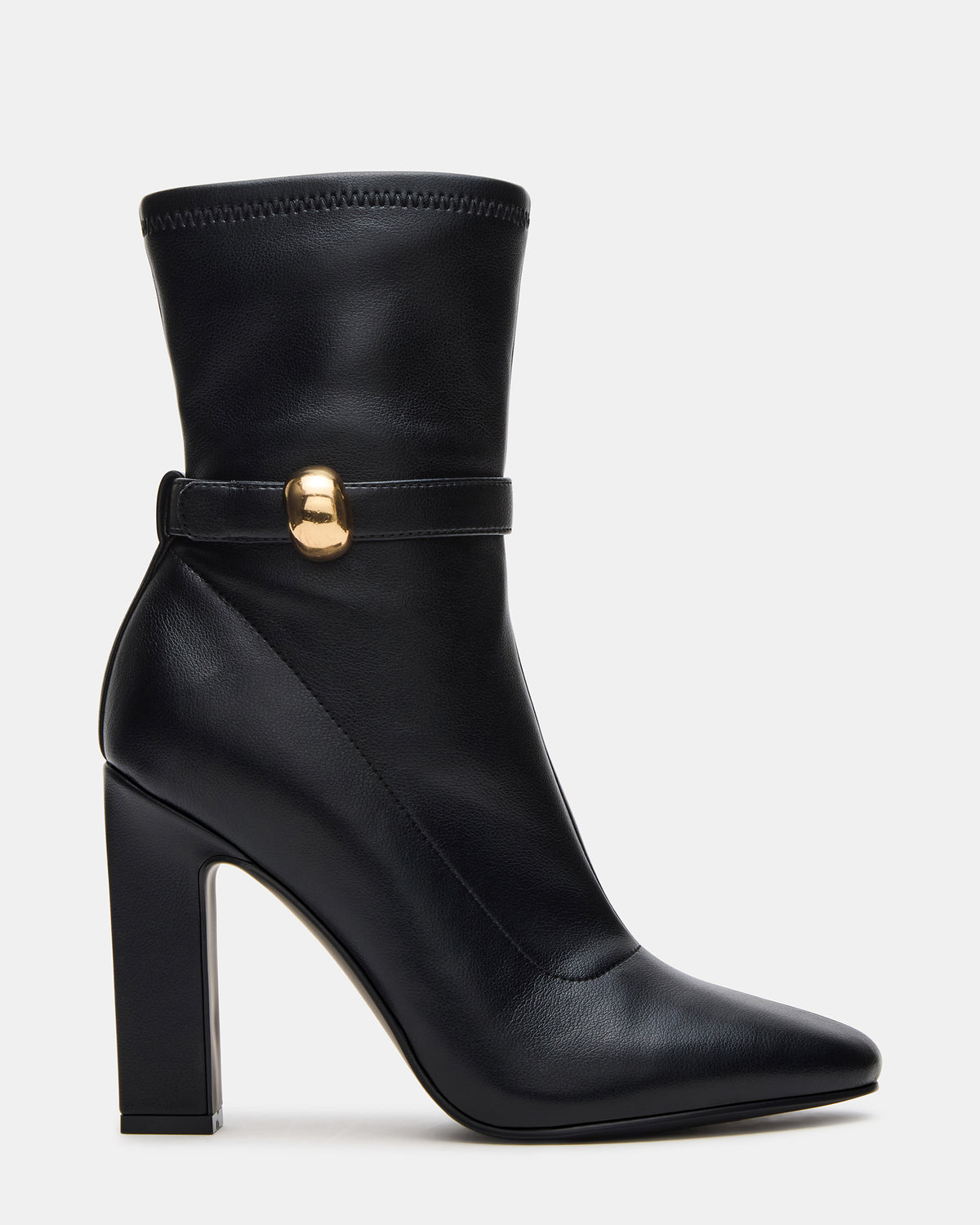 AROMA Black Buckle Gold Detail Block Heel Women's Ankle Boot | Steve Madden online