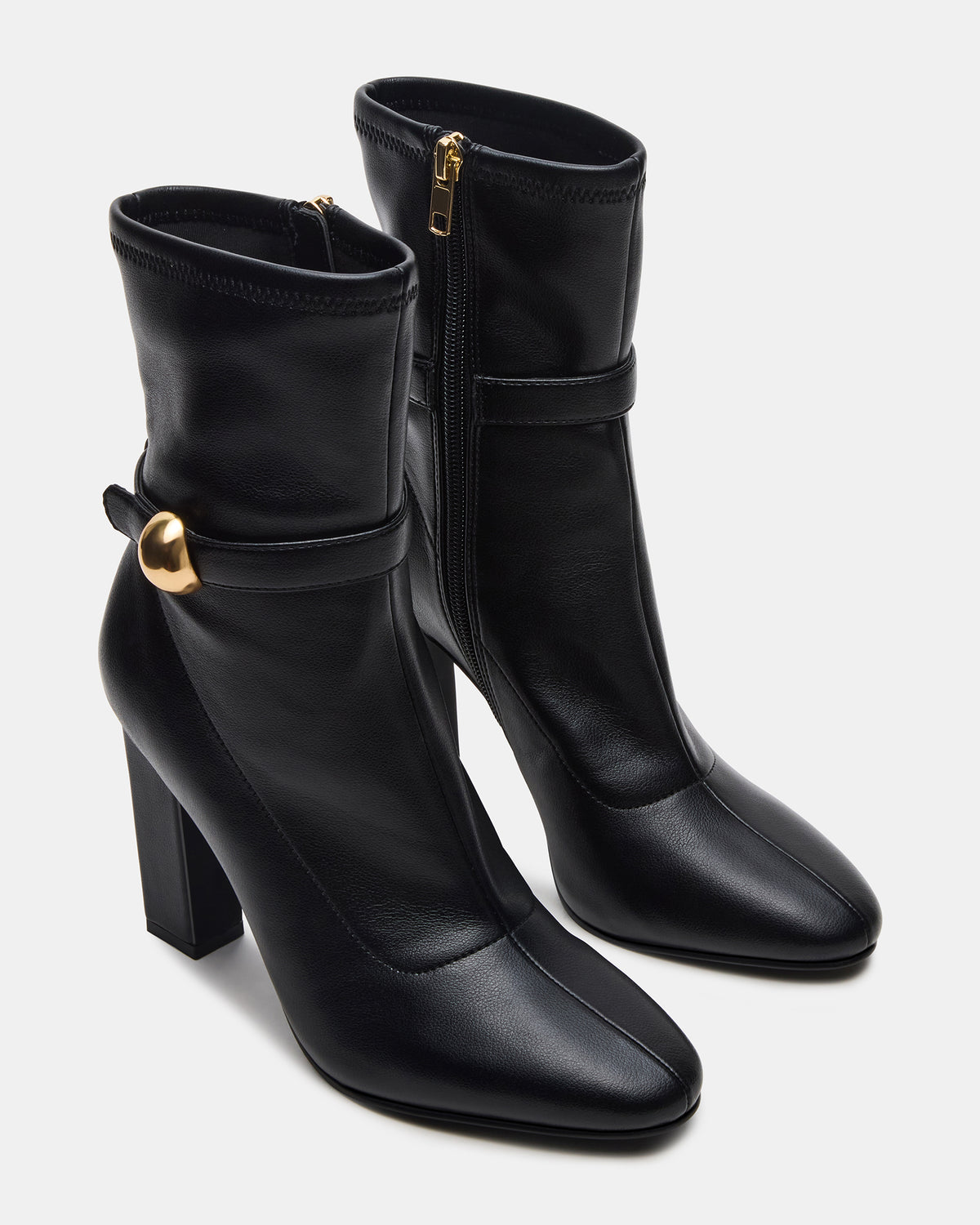 AROMA Black Buckle Gold Detail Block Heel Women's Ankle Boot | Steve Madden online