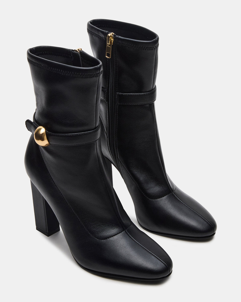 AROMA Black Buckle Gold Detail Block Heel Women's Ankle Boot | Steve Madden online