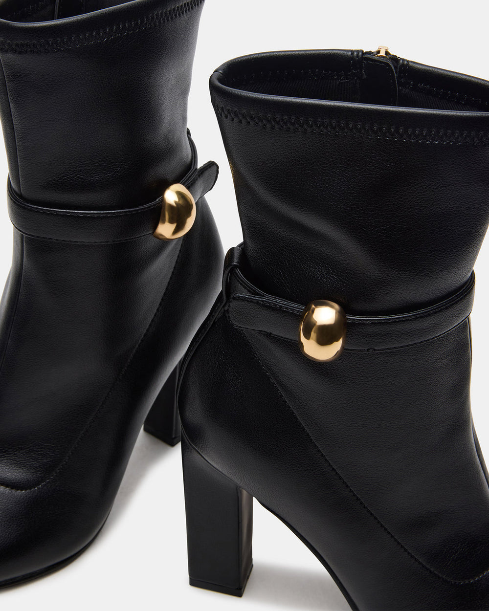 AROMA Black Buckle Gold Detail Block Heel Women's Ankle Boot | Steve Madden online