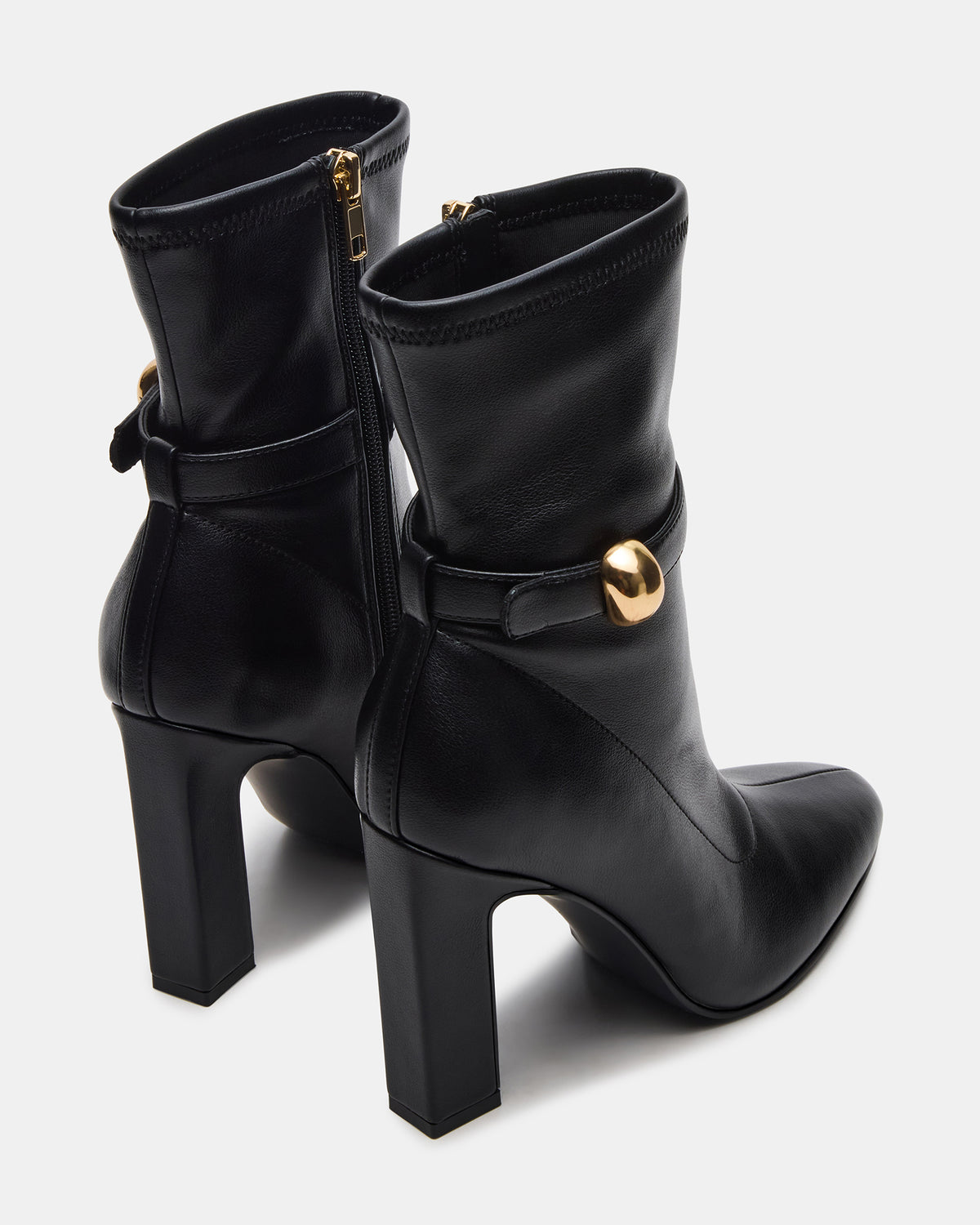 AROMA Black Buckle Gold Detail Block Heel Women's Ankle Boot | Steve Madden online