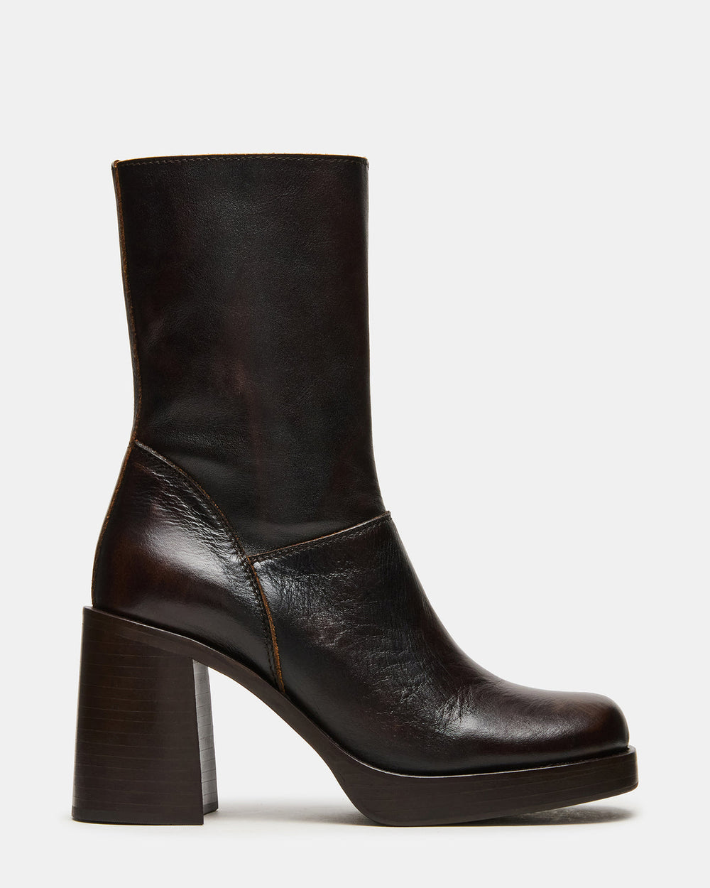 FUSION Brown Distressed Square-Toe Block Heel Women's Ankle Boot | Steve Madden Sale