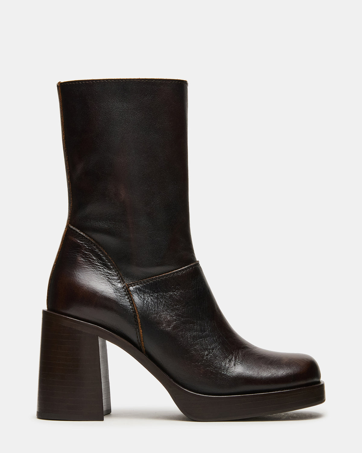FUSION Brown Distressed Square-Toe Block Heel Women's Ankle Boot | Steve Madden Sale