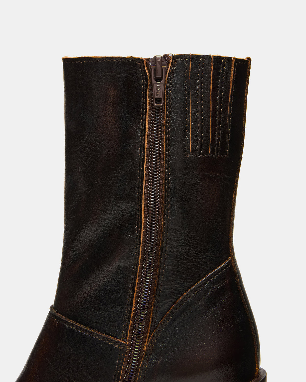 FUSION Brown Distressed Square-Toe Block Heel Women's Ankle Boot | Steve Madden Sale