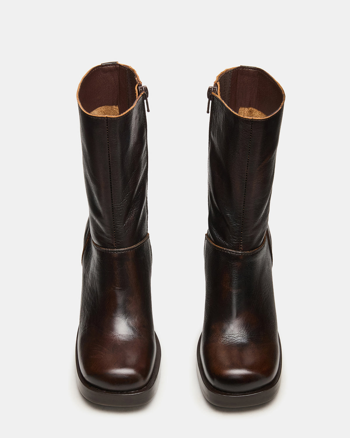 FUSION Brown Distressed Square-Toe Block Heel Women's Ankle Boot | Steve Madden Sale