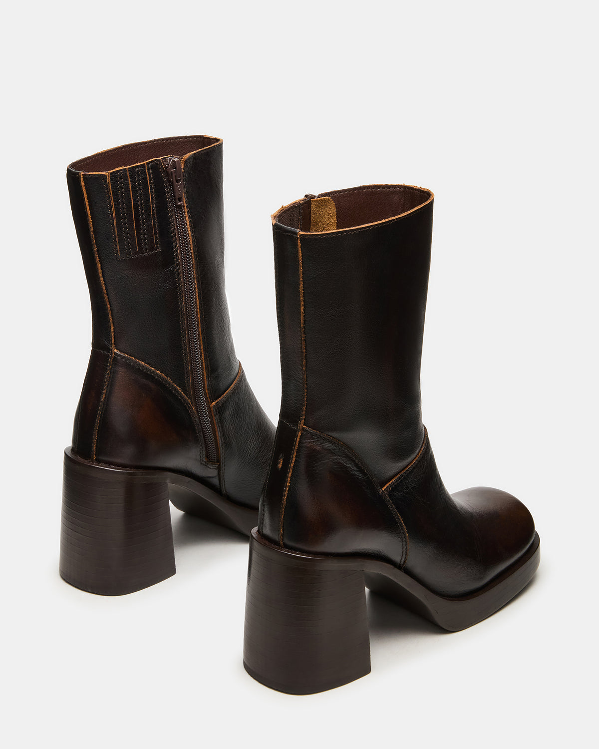 FUSION Brown Distressed Square-Toe Block Heel Women's Ankle Boot | Steve Madden Sale