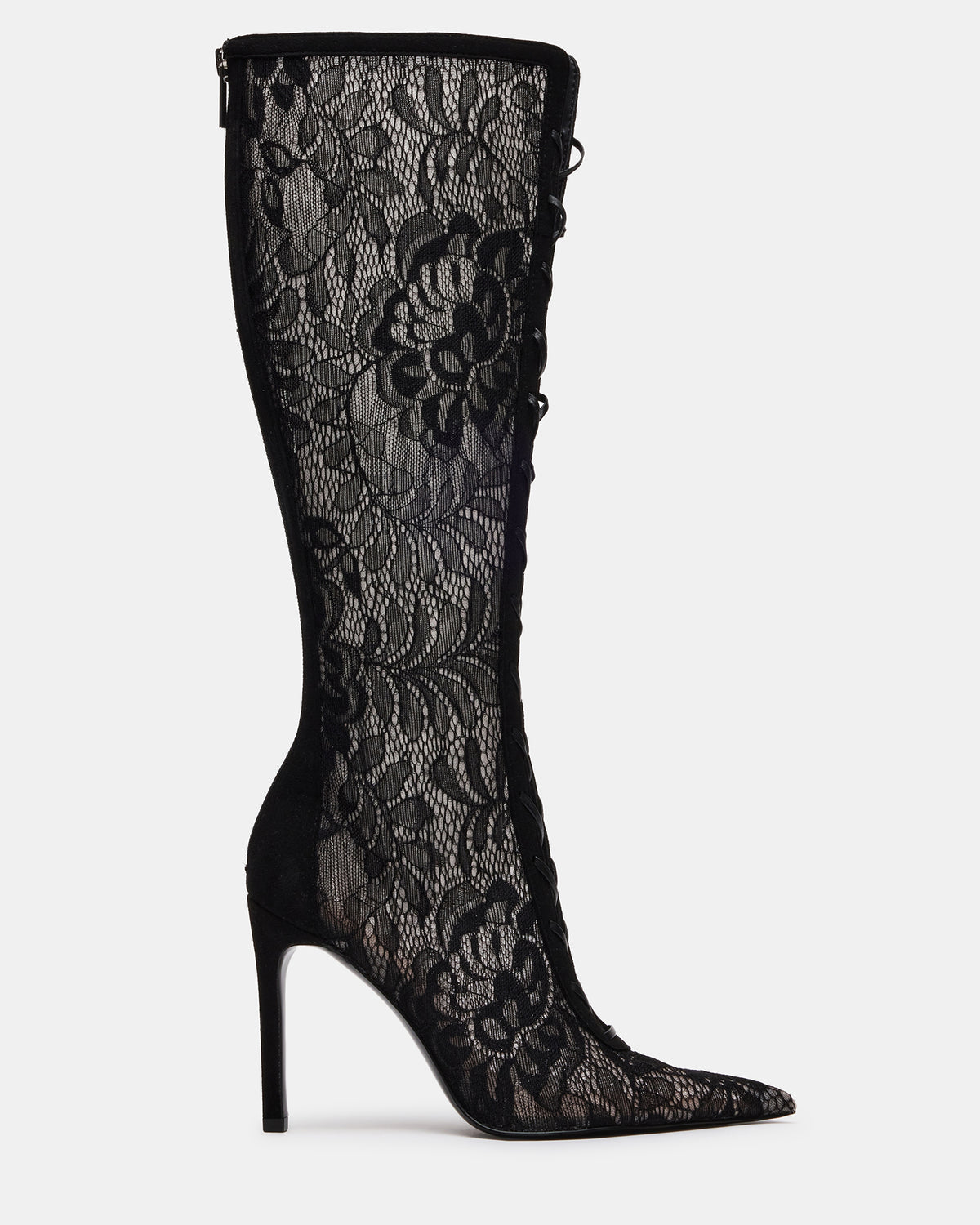 MAXINE Black Lace Pointed-Toe Knee-High Lace-Up Stiletto Women's Boot | Steve Madden Sale