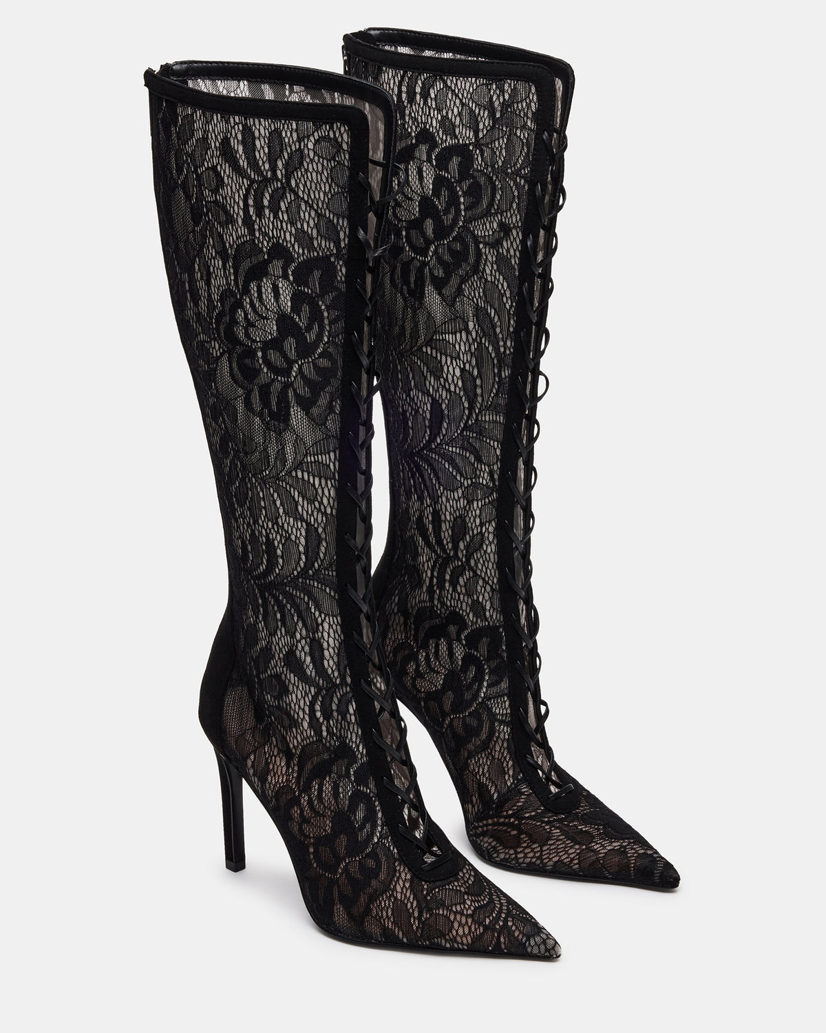 MAXINE Black Lace Pointed-Toe Knee-High Lace-Up Stiletto Women's Boot | Steve Madden Sale