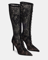 MAXINE Black Lace Pointed-Toe Knee-High Lace-Up Stiletto Women's Boot | Steve Madden Sale