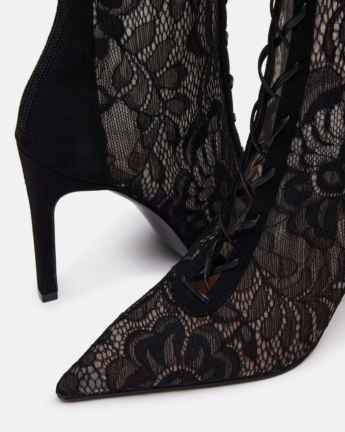 MAXINE Black Lace Pointed-Toe Knee-High Lace-Up Stiletto Women's Boot | Steve Madden Sale