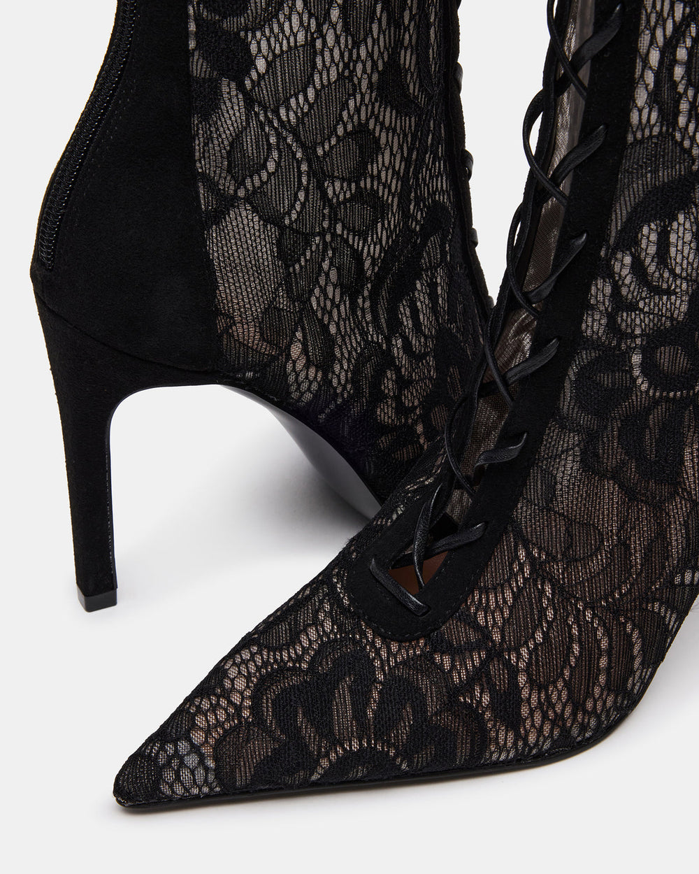 MAXINE Black Lace Pointed-Toe Knee-High Lace-Up Stiletto Women's Boot | Steve Madden Sale
