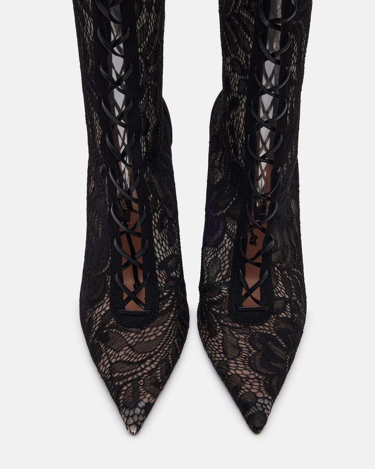 MAXINE Black Lace Pointed-Toe Knee-High Lace-Up Stiletto Women's Boot | Steve Madden Sale