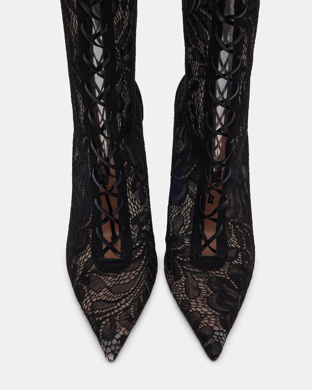 MAXINE Black Lace Pointed-Toe Knee-High Lace-Up Stiletto Women's Boot | Steve Madden Sale