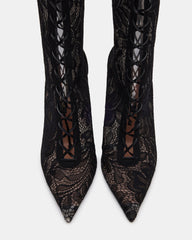 MAXINE Black Lace Pointed-Toe Knee-High Lace-Up Stiletto Women's Boot | Steve Madden Sale