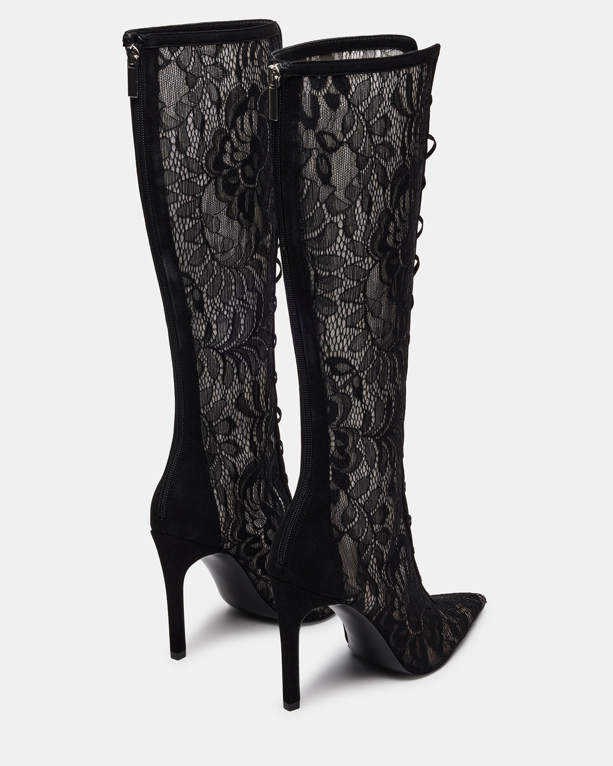 MAXINE Black Lace Pointed-Toe Knee-High Lace-Up Stiletto Women's Boot | Steve Madden Sale