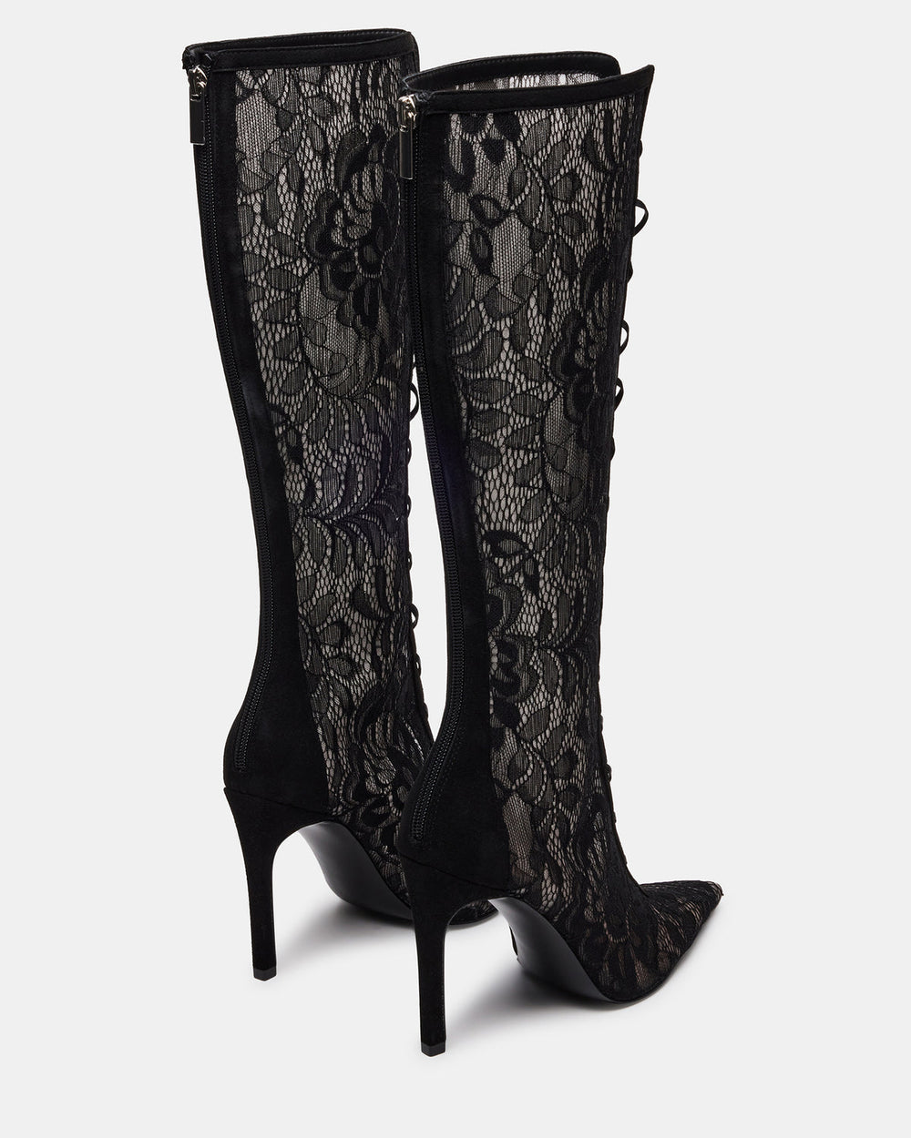MAXINE Black Lace Pointed-Toe Knee-High Lace-Up Stiletto Women's Boot | Steve Madden Sale