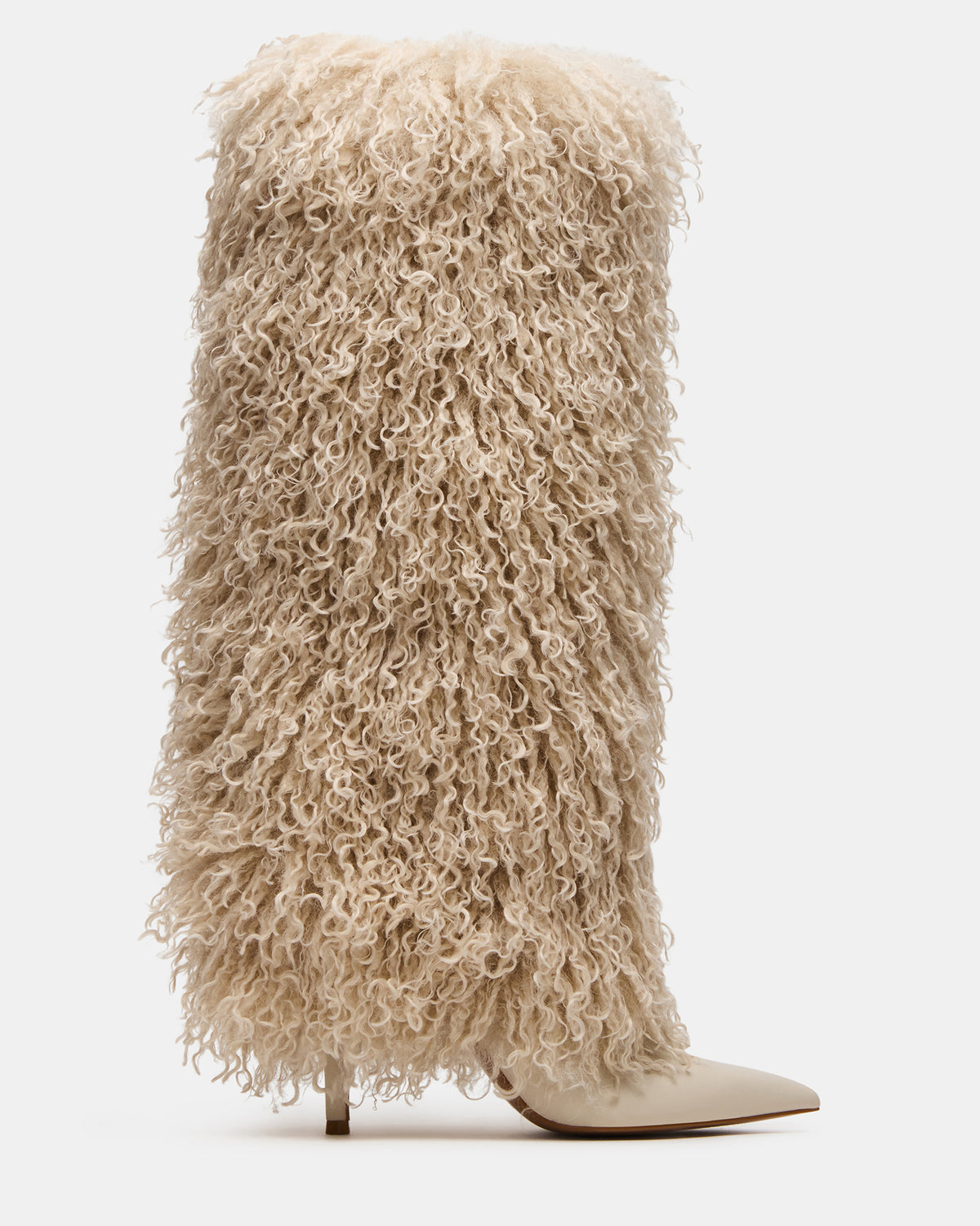 ICON Off-White Pointed-Toe Faux Fur Knee-High Stiletto Heel Women's Boot | Steve Madden for Sale