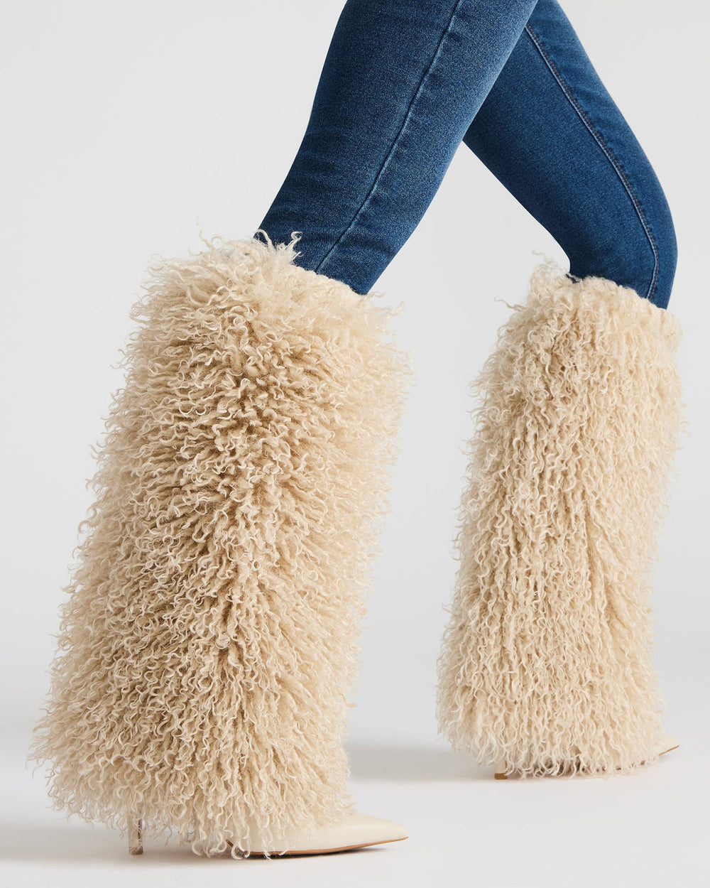 ICON Off-White Pointed-Toe Faux Fur Knee-High Stiletto Heel Women's Boot | Steve Madden for Sale