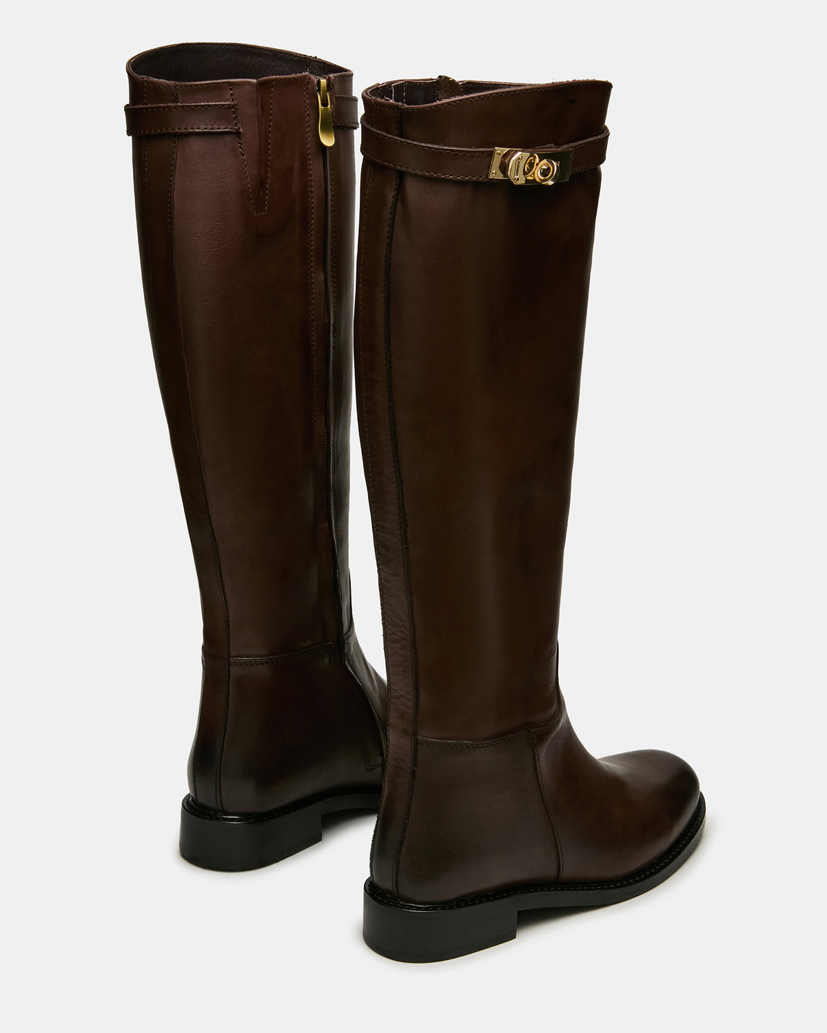 BEXLEY Brown Leather Knee-High Round-Toe Buckle Women's Boot | Steve Madden discount