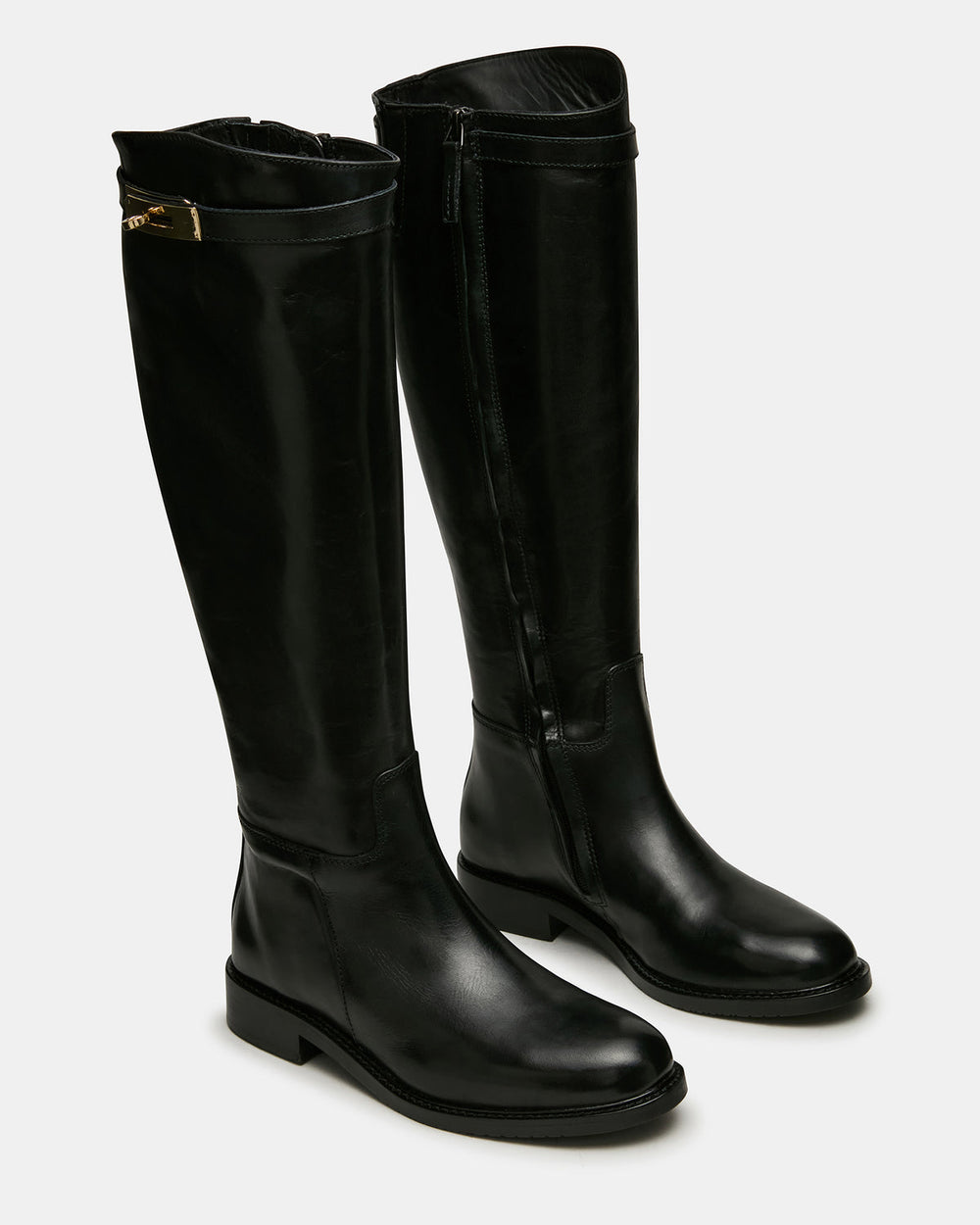 BEXLEY Black Leather Knee-High Round-Toe Buckle Women's Boot | Steve Madden online