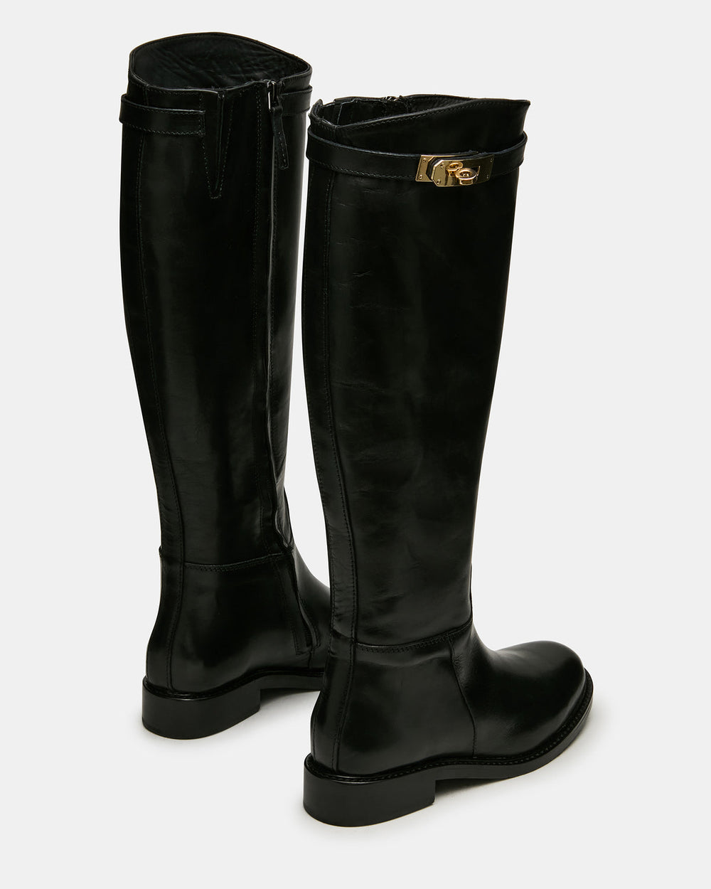 BEXLEY Black Leather Knee-High Round-Toe Buckle Women's Boot | Steve Madden online