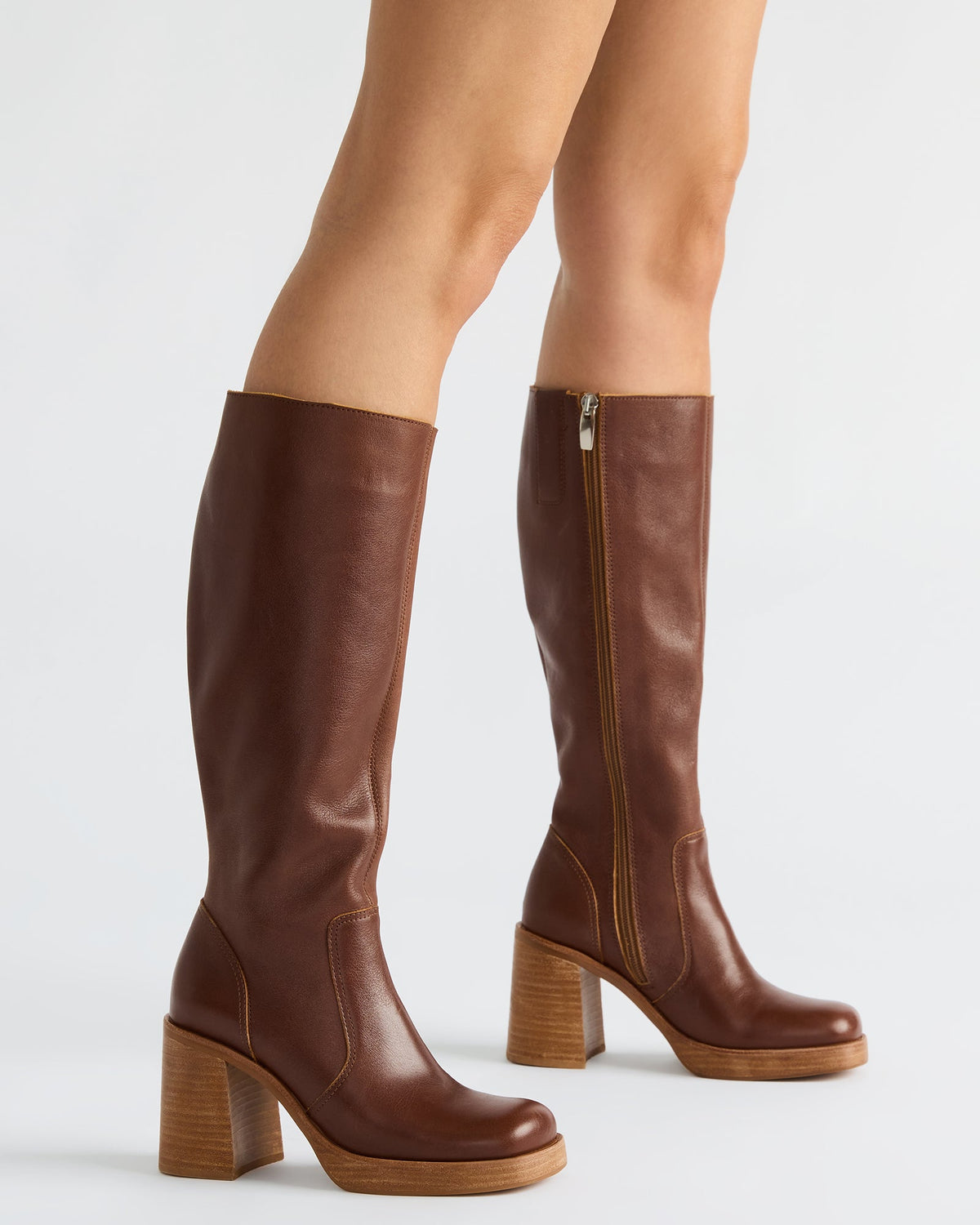 FOLIE Rust Leather Square-Toe Block Heel Knee-High Women's Boot | Steve Madden US