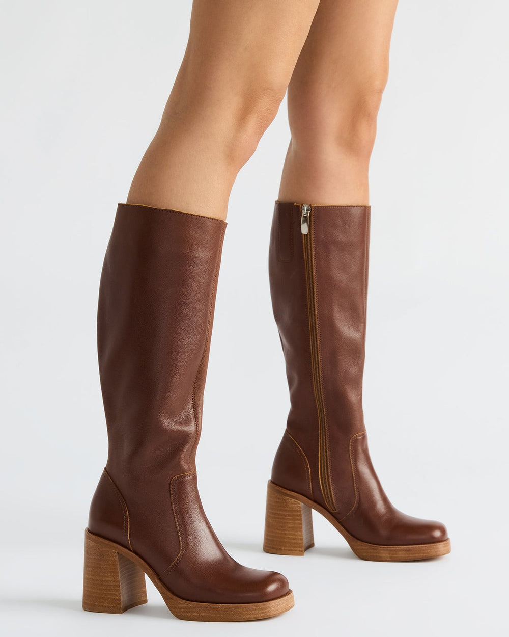 FOLIE Rust Leather Square-Toe Block Heel Knee-High Women's Boot | Steve Madden US