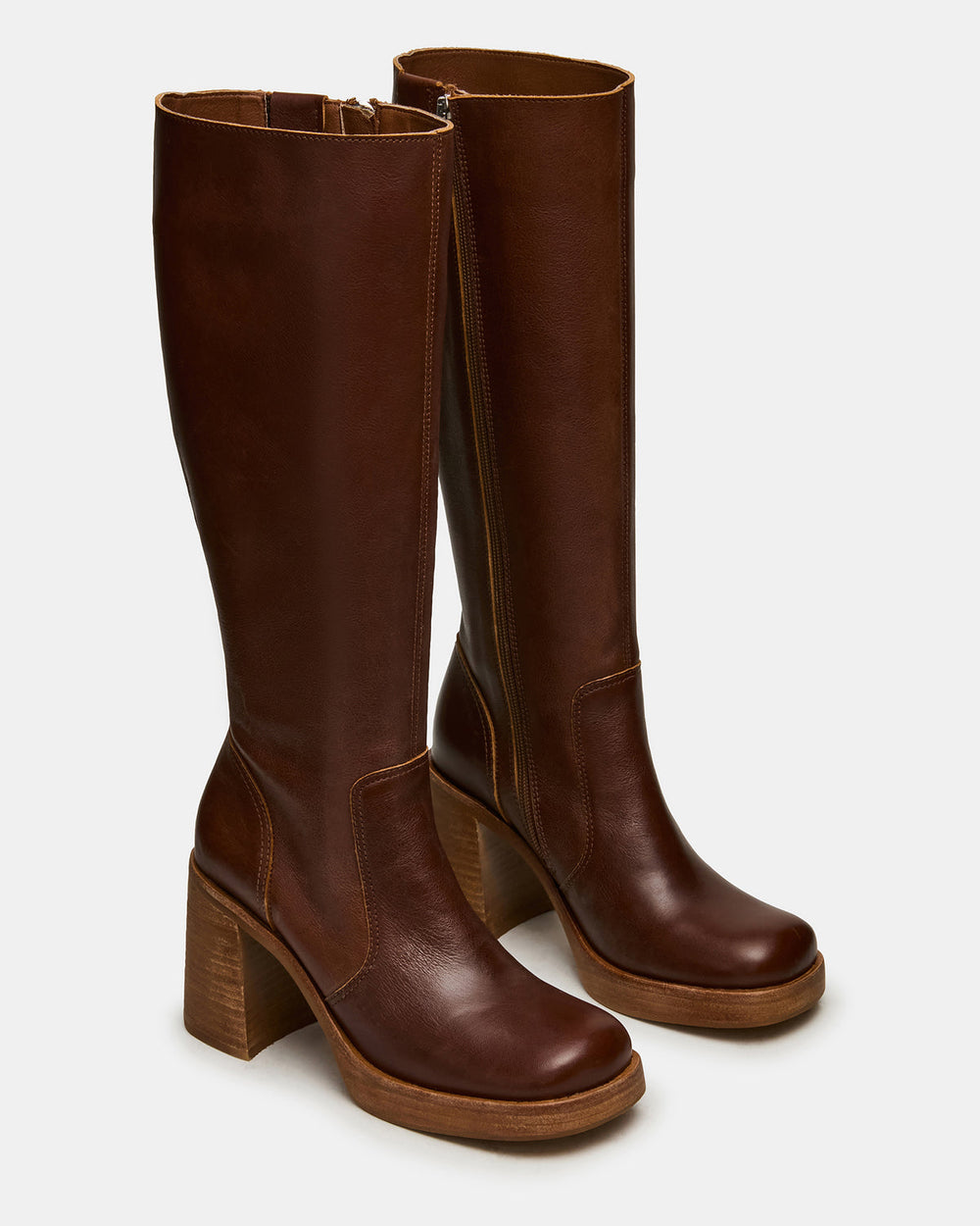 FOLIE Rust Leather Square-Toe Block Heel Knee-High Women's Boot | Steve Madden US