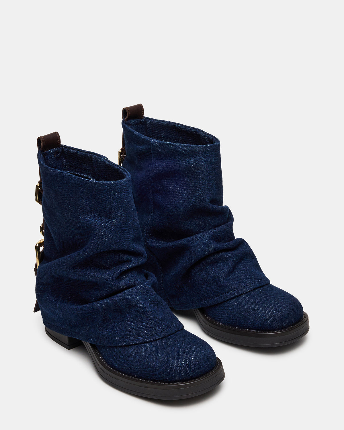 BENJI Denim Fabric Cuffed Fold-Over Moto Buckle Women's Ankle Boot | Steve Madden on Sale