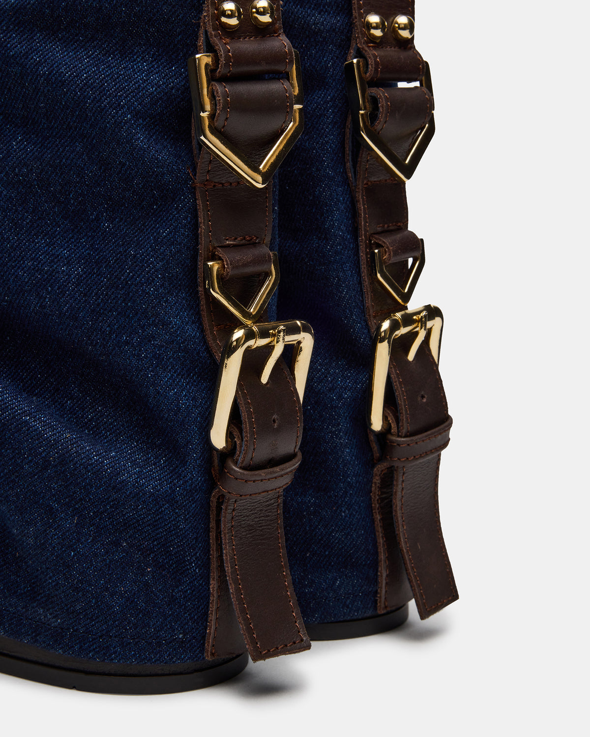 BENJI Denim Fabric Cuffed Fold-Over Moto Buckle Women's Ankle Boot | Steve Madden on Sale