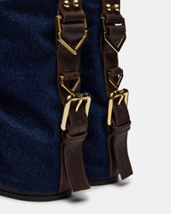 BENJI Denim Fabric Cuffed Fold-Over Moto Buckle Women's Ankle Boot | Steve Madden on Sale