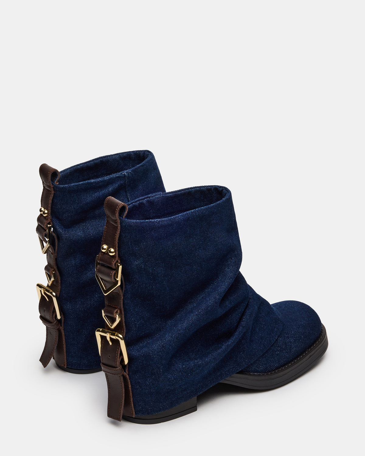BENJI Denim Fabric Cuffed Fold-Over Moto Buckle Women's Ankle Boot | Steve Madden on Sale