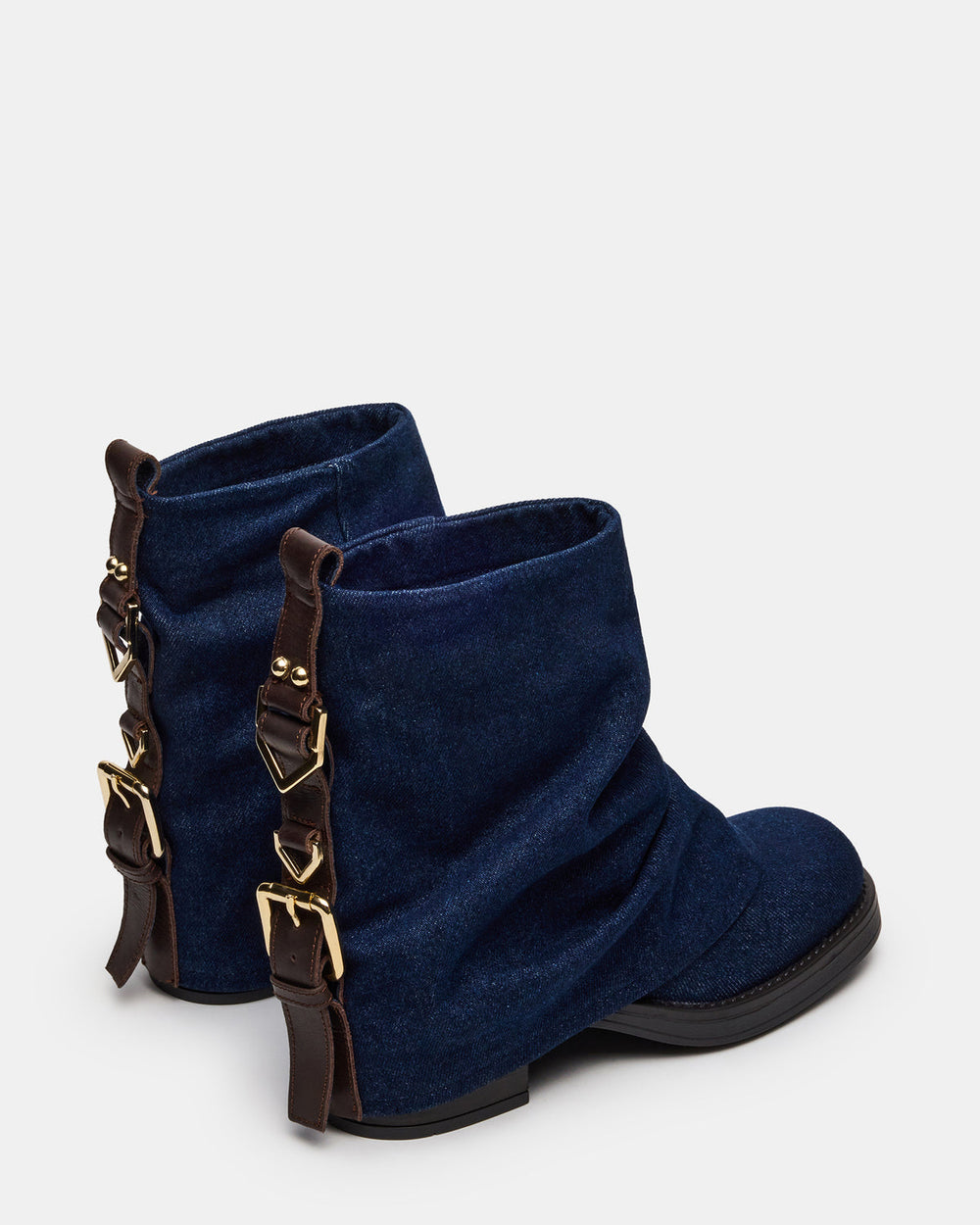 BENJI Denim Fabric Cuffed Fold-Over Moto Buckle Women's Ankle Boot | Steve Madden on Sale