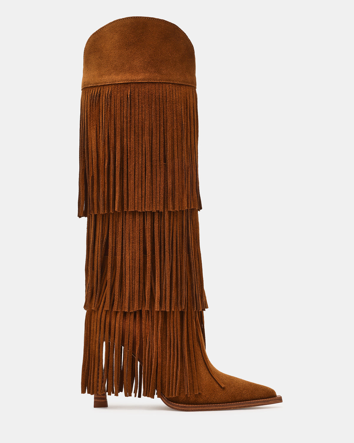 KINZEE Fringe Chestnut Suede Pointed-Toe Knee-High Western Stiletto Women's Boot | Steve Madden online