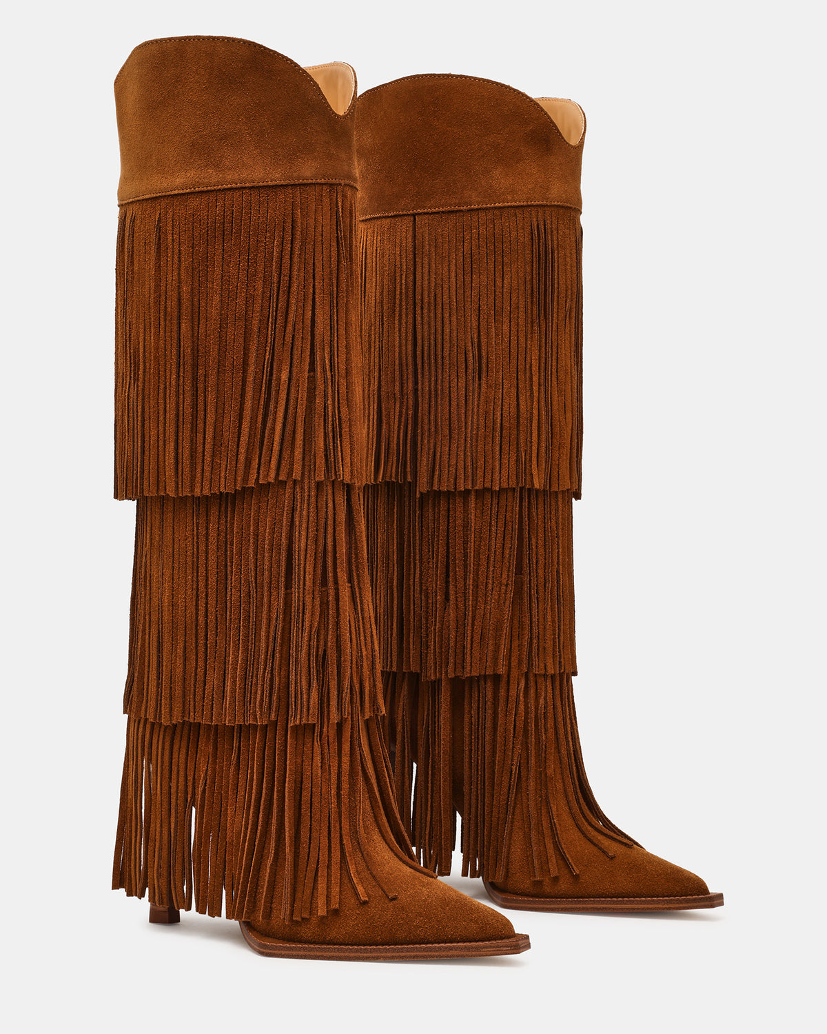 KINZEE Fringe Chestnut Suede Pointed-Toe Knee-High Western Stiletto Women's Boot | Steve Madden online