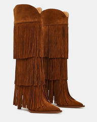 KINZEE Fringe Chestnut Suede Pointed-Toe Knee-High Western Stiletto Women's Boot | Steve Madden online
