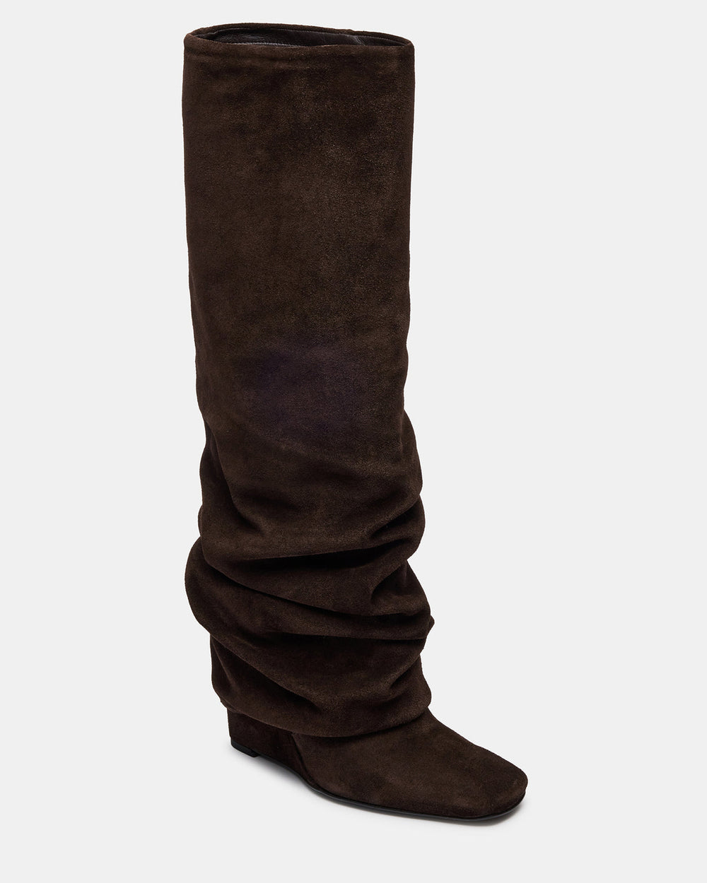 MONTANA Brown Suede Knee-High Square-Toe Wedge Fold-Over Women's Boot | Steve Madden US
