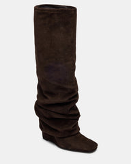MONTANA Brown Suede Knee-High Square-Toe Wedge Fold-Over Women's Boot | Steve Madden US