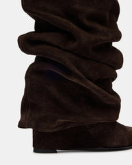 MONTANA Brown Suede Knee-High Square-Toe Wedge Fold-Over Women's Boot | Steve Madden US