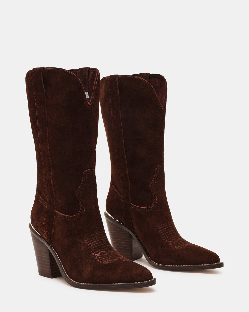 SALLY Brown Suede Pointed-Toe Western Block Heel Women's Boot | Steve Madden US